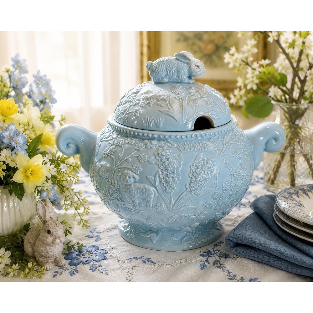 Kate Williams Global Design Blue Rabbit Bunny Soup Tureen Covered Serving Bowl